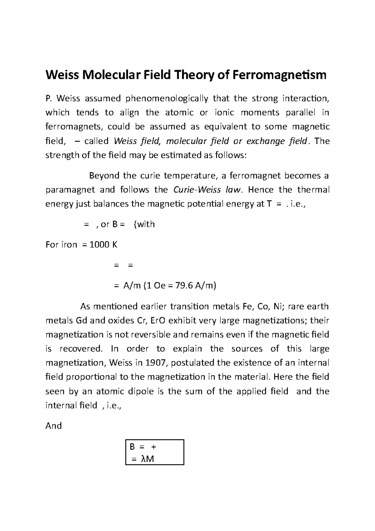 Weiss Molecular Field Theory of Ferromagnetism Analysis and Insights ...