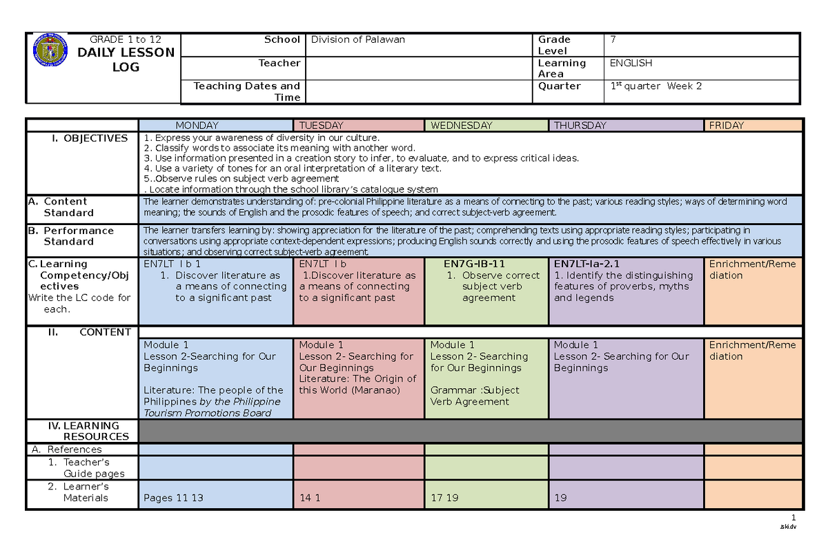 DLL English Grade 7 Q1 Lesson 2: Exploring Literary Beginnings - Studocu