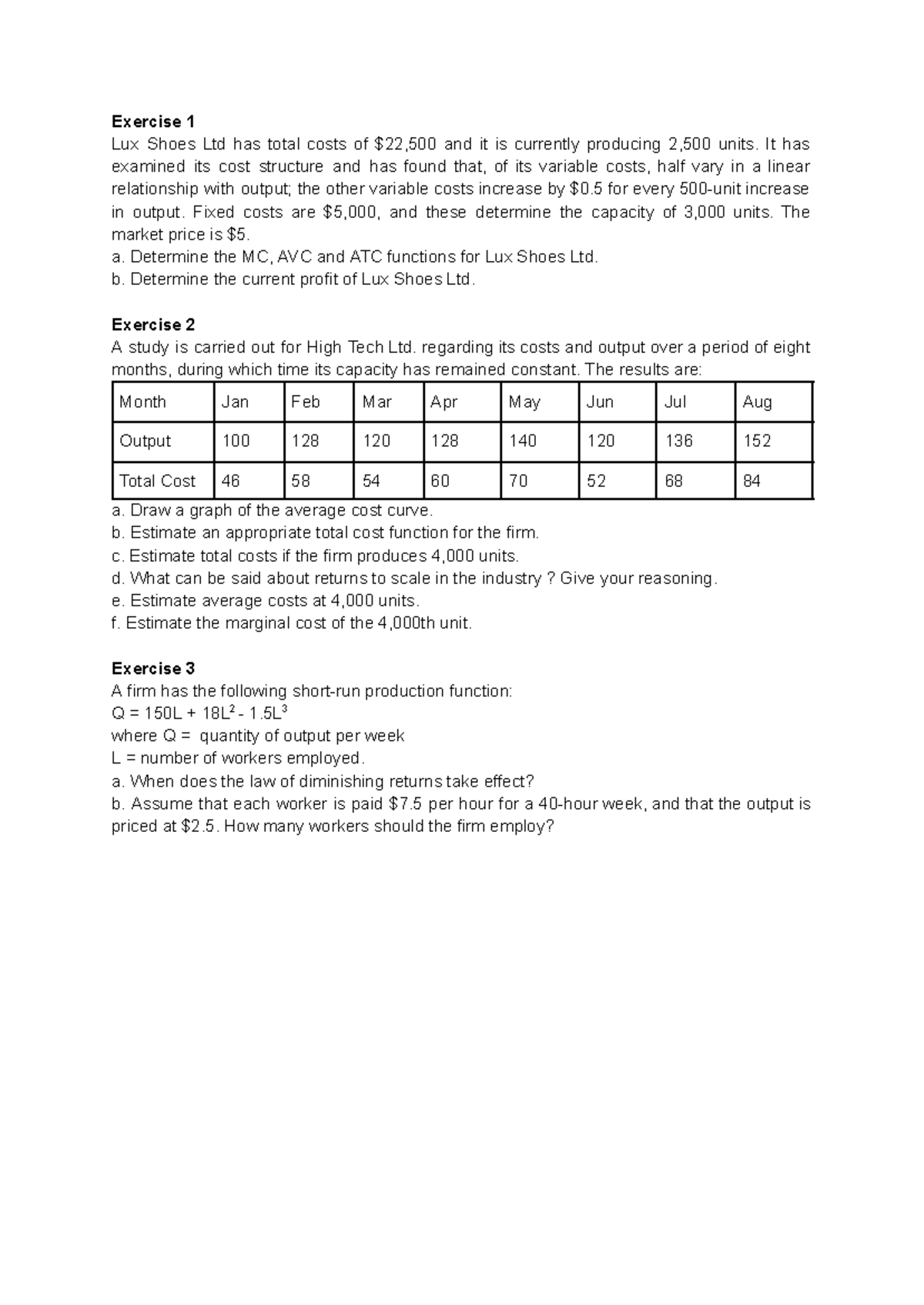 Cost Functions Exercises - Class Analysis & Profit Estimation - Studocu