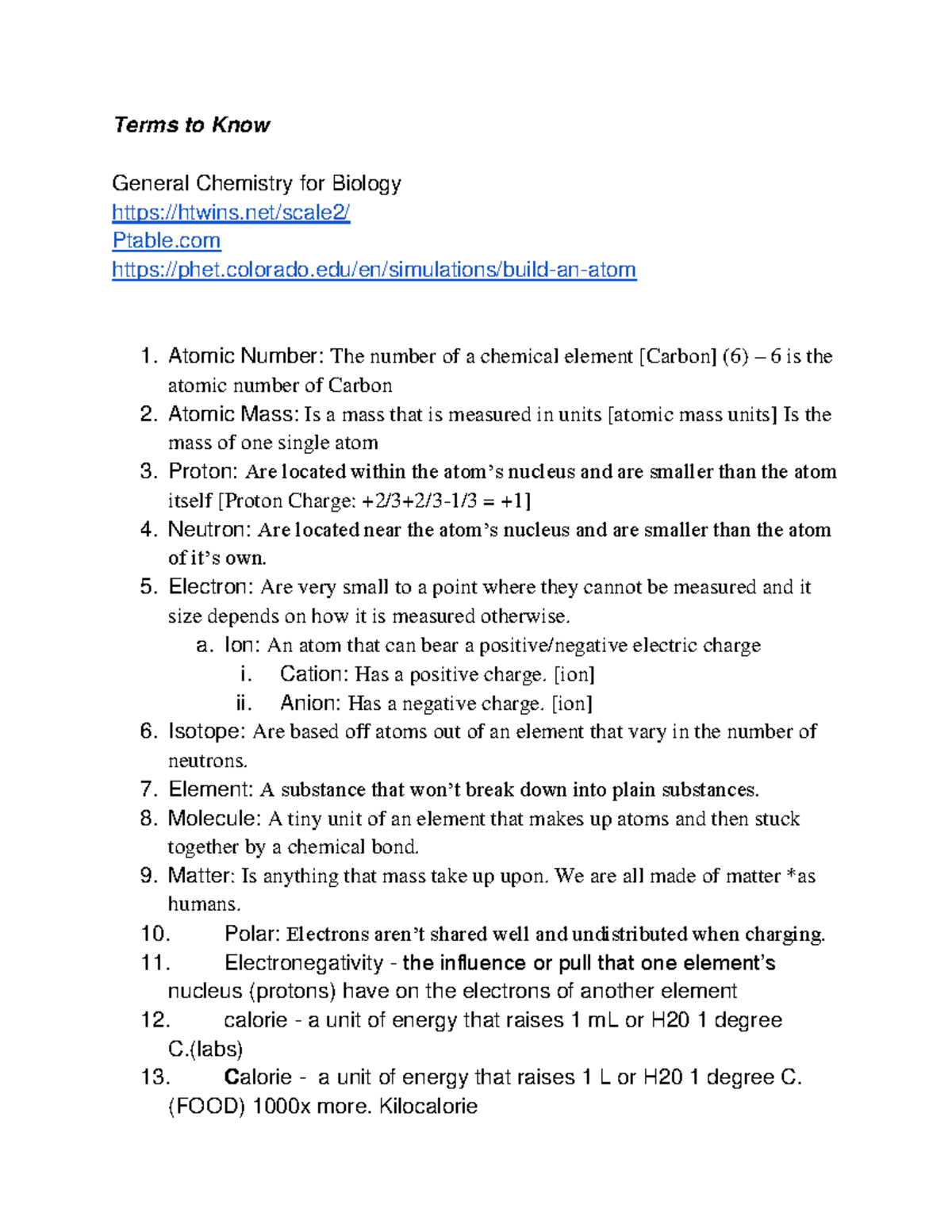 General Chemistry and Biochemistry Terms for Biology Exam (BIO 101 ...