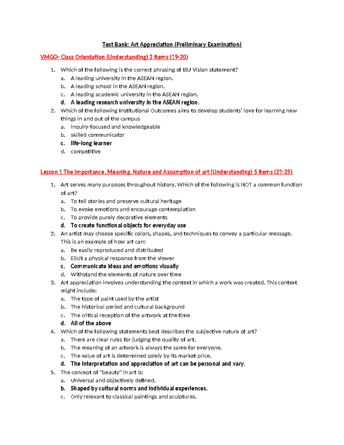 Prelim Test Bank: Sample Questions for Art Appreciation Exam - Studocu