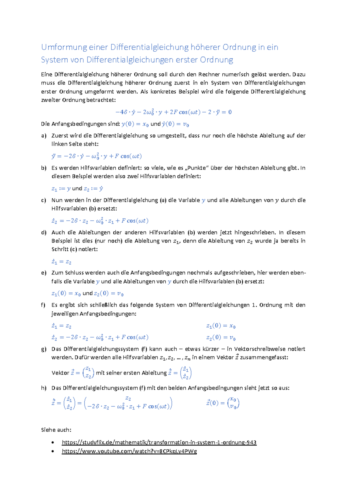 Umformung einer Differentialgleichung 2. Ordnung in ein Dgl-System 1 ...
