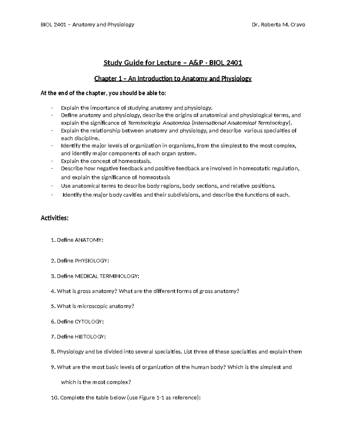 BIOL 2401 Chapter 1 Study Guide: Intro to Anatomy & Physiology - Studocu