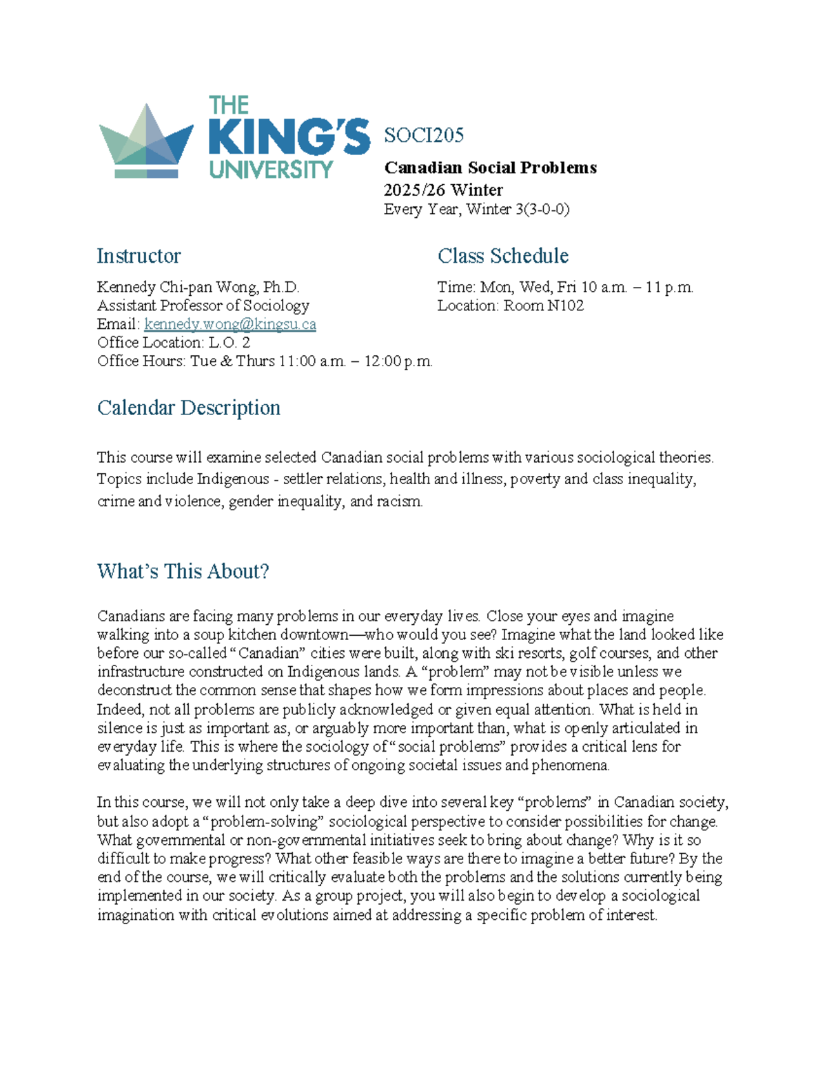 SOCI205 Winter 2026 Syllabus: Canadian Social Problems Overview - Studocu