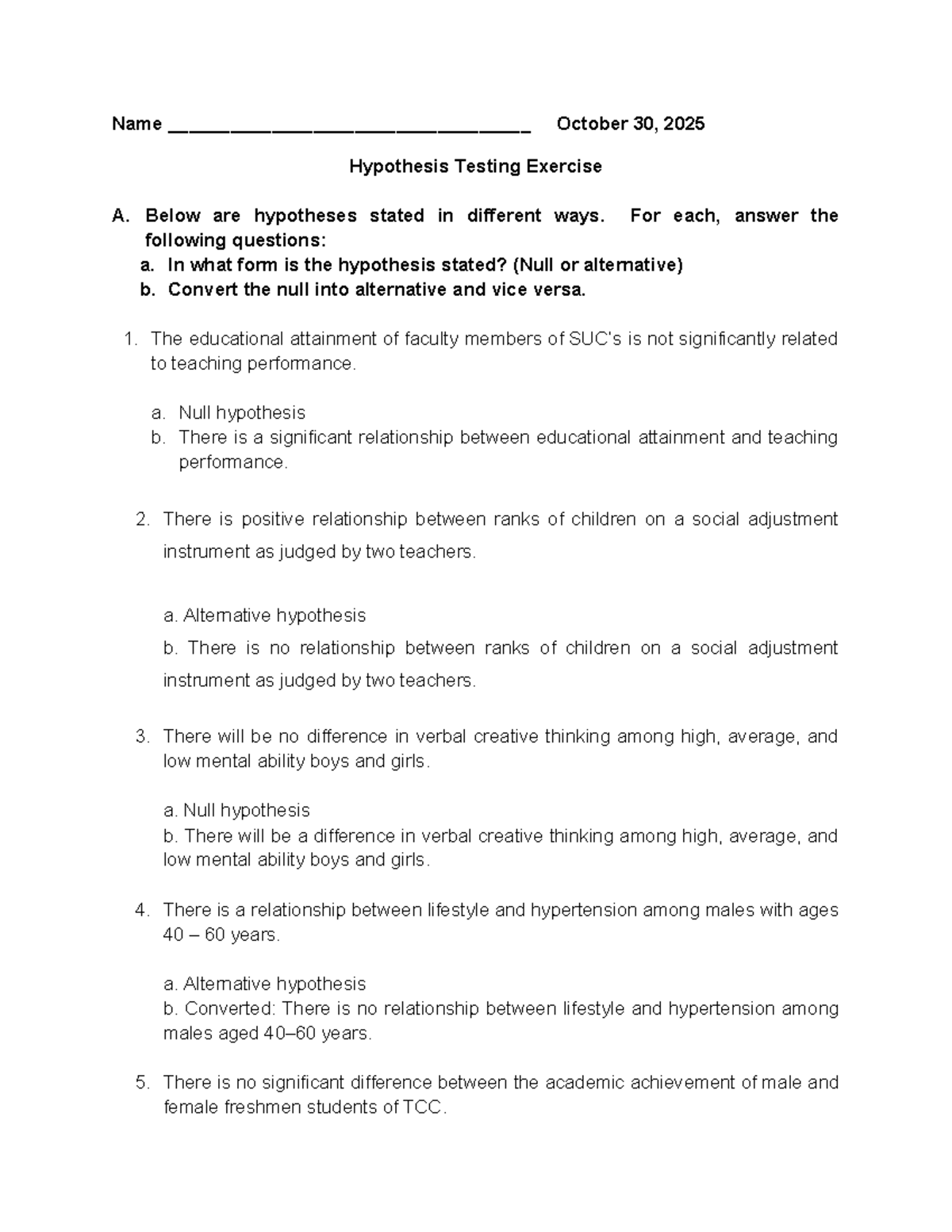 Hypothesis Testing Exercise A: Analyzing Null and Alternative ...