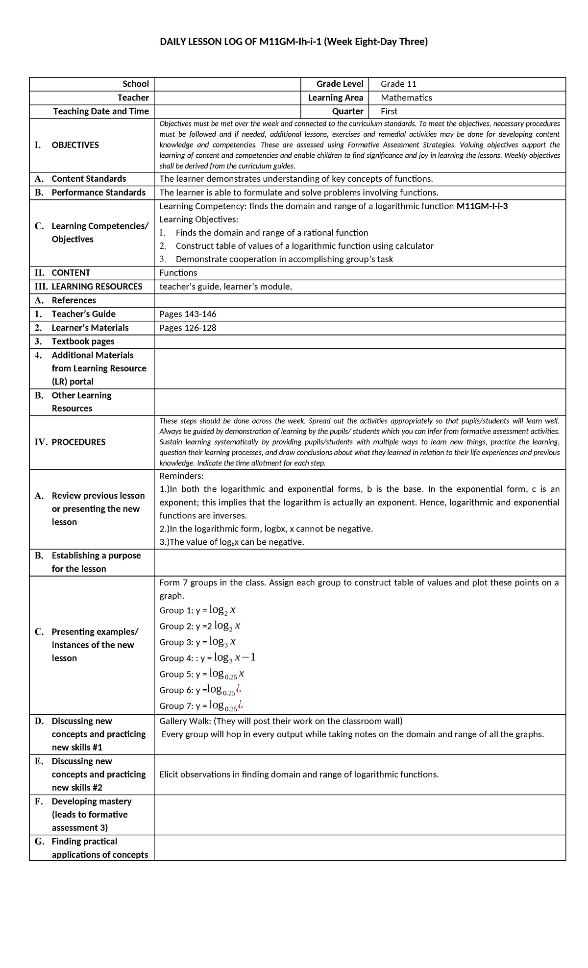 GM I-35 - Weekly Lesson Plan for Grade 11 Mathematics: Functions - Studocu