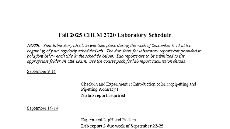 Fall 2025 CHEM 2720 Lab Schedule and Report Due Dates - Studocu