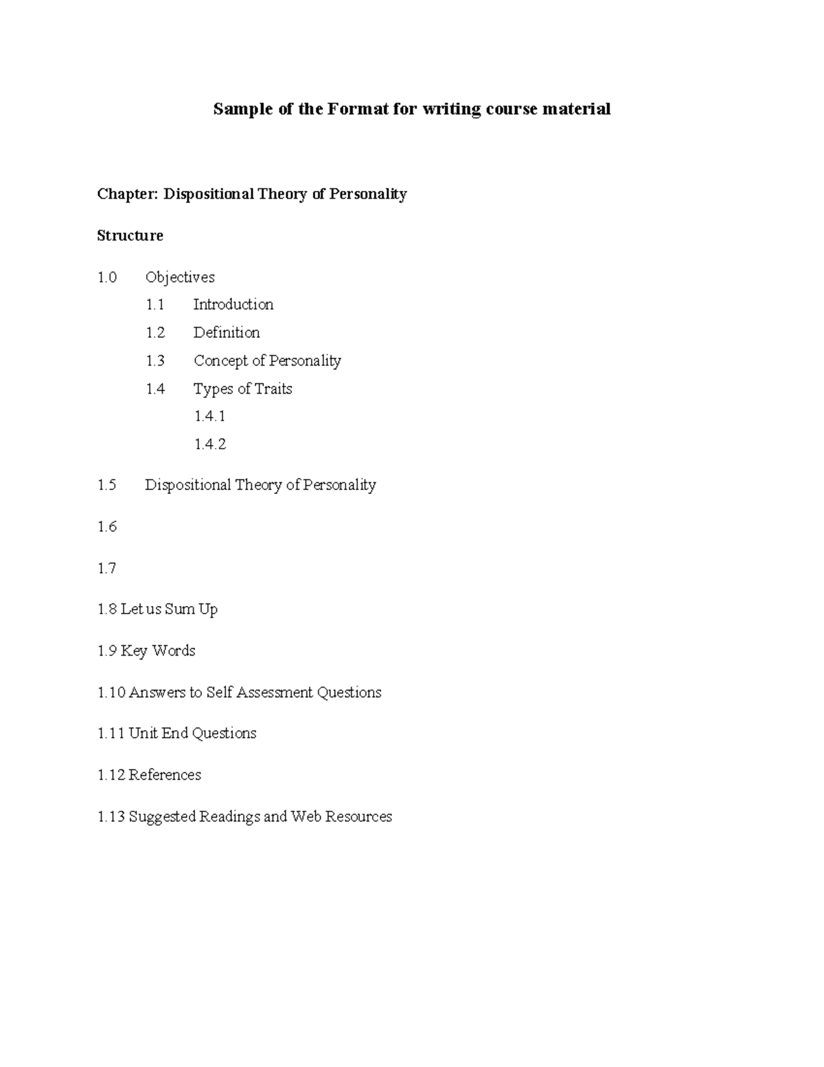 Format for writing course material - Sample of the Format for writing ...