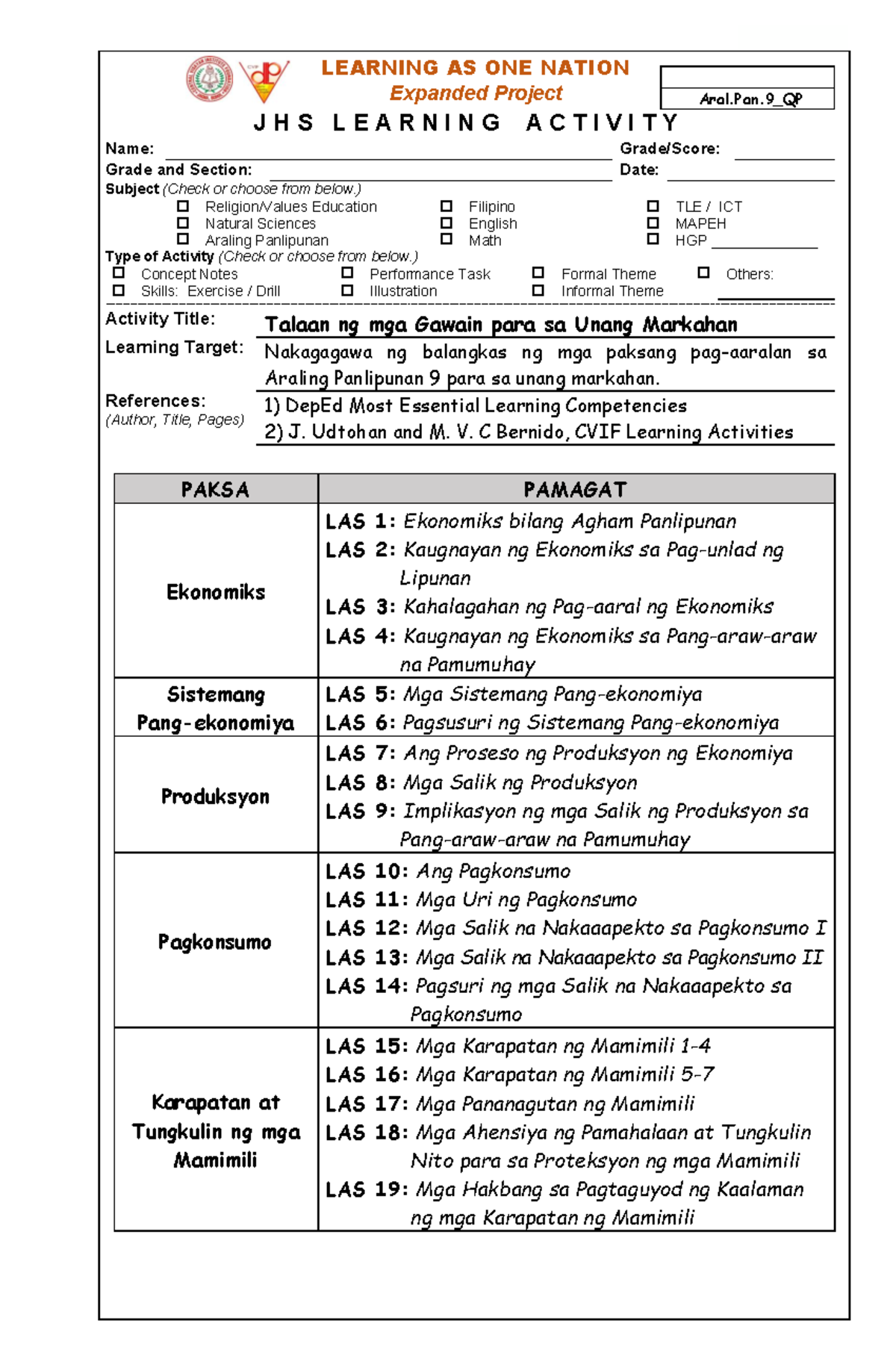 Aral Pan 9 Q1 Plan - lesson plan - LEARNING AS ONE NATION Expanded ...