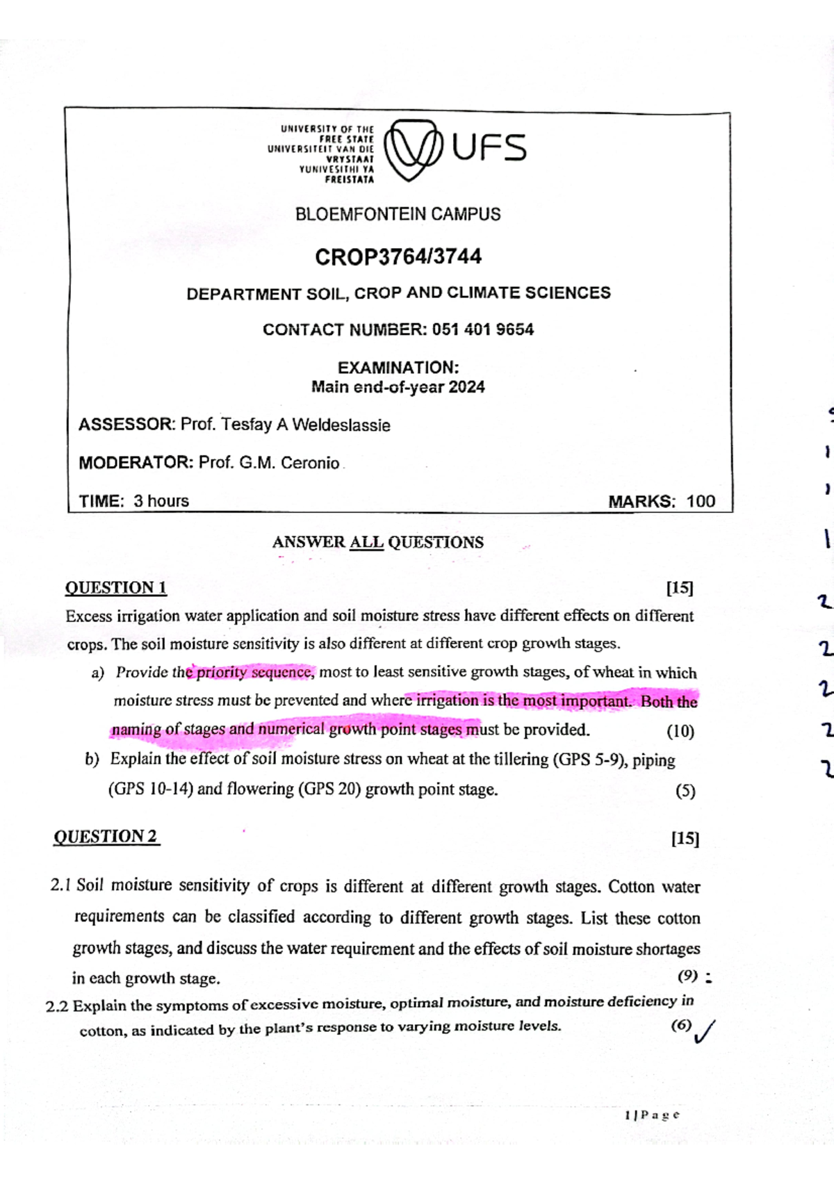 Crop3764 Exam 2024 - Past paper - UNIVERSITY OF THE FREE STATE ...