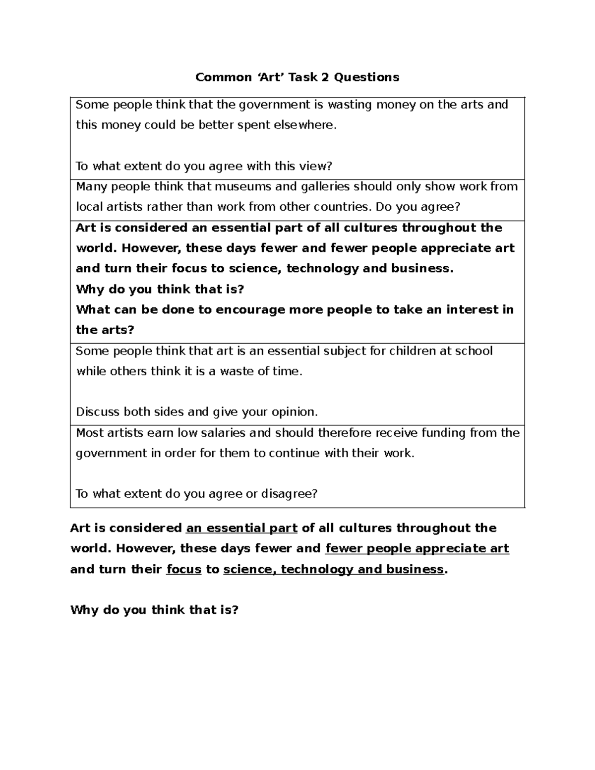 20 Oct - Common Task 2: Art's Role in Society and Education - Studocu