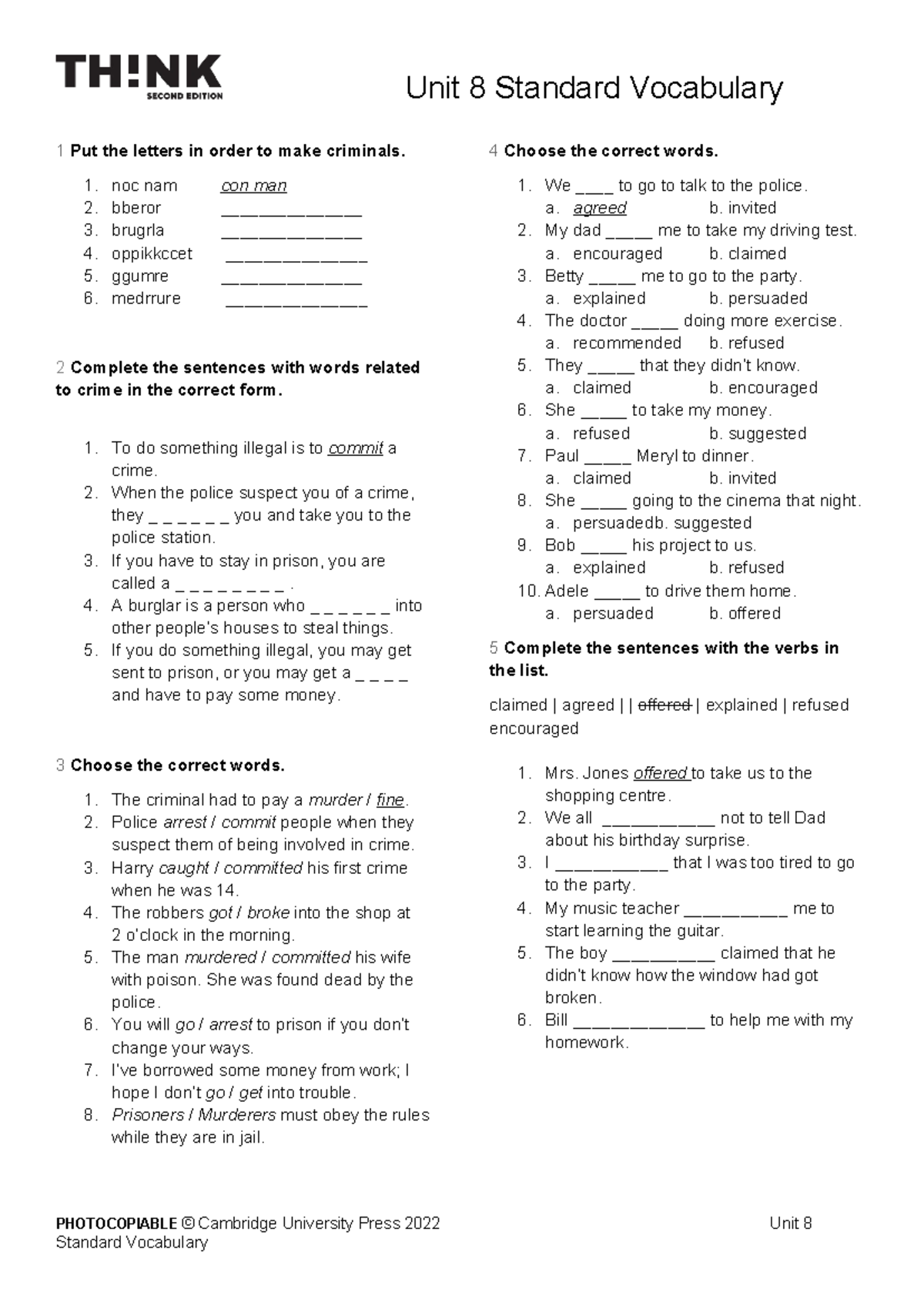 Thk2e Br E L3 Standard Vocabulary Unit 8: Crime & Criminals - Studocu
