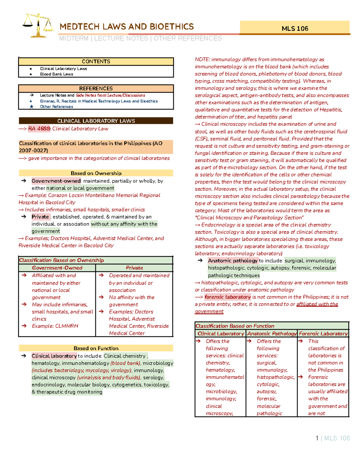 MLS 106 Midterm - Lecture Notes and Side Notes from Lecture/Discussions ...