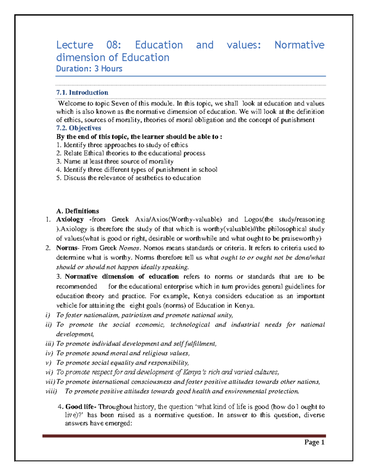 Lecture 08: Education and Values - Normative Dimension Notes - Studocu