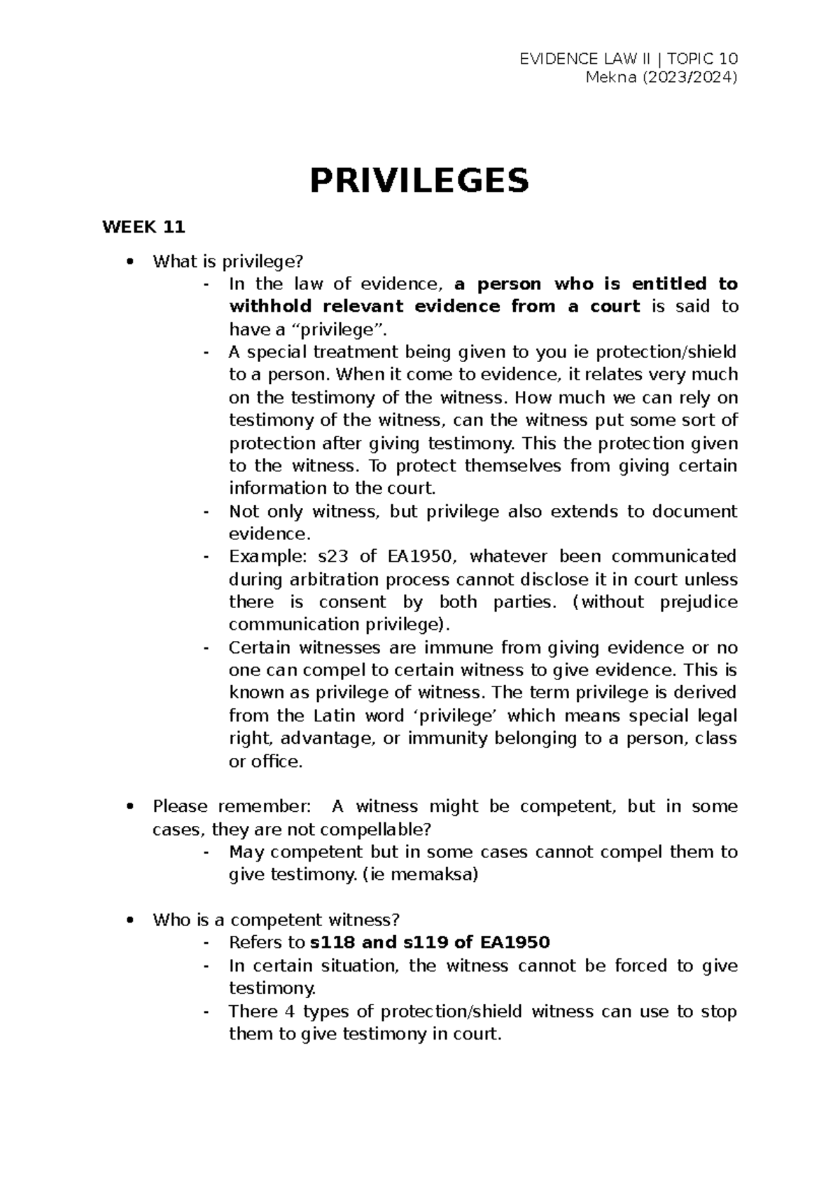 Evidence Lecture Notes - Privilege & Witness Competency (Topic 7) - Studocu