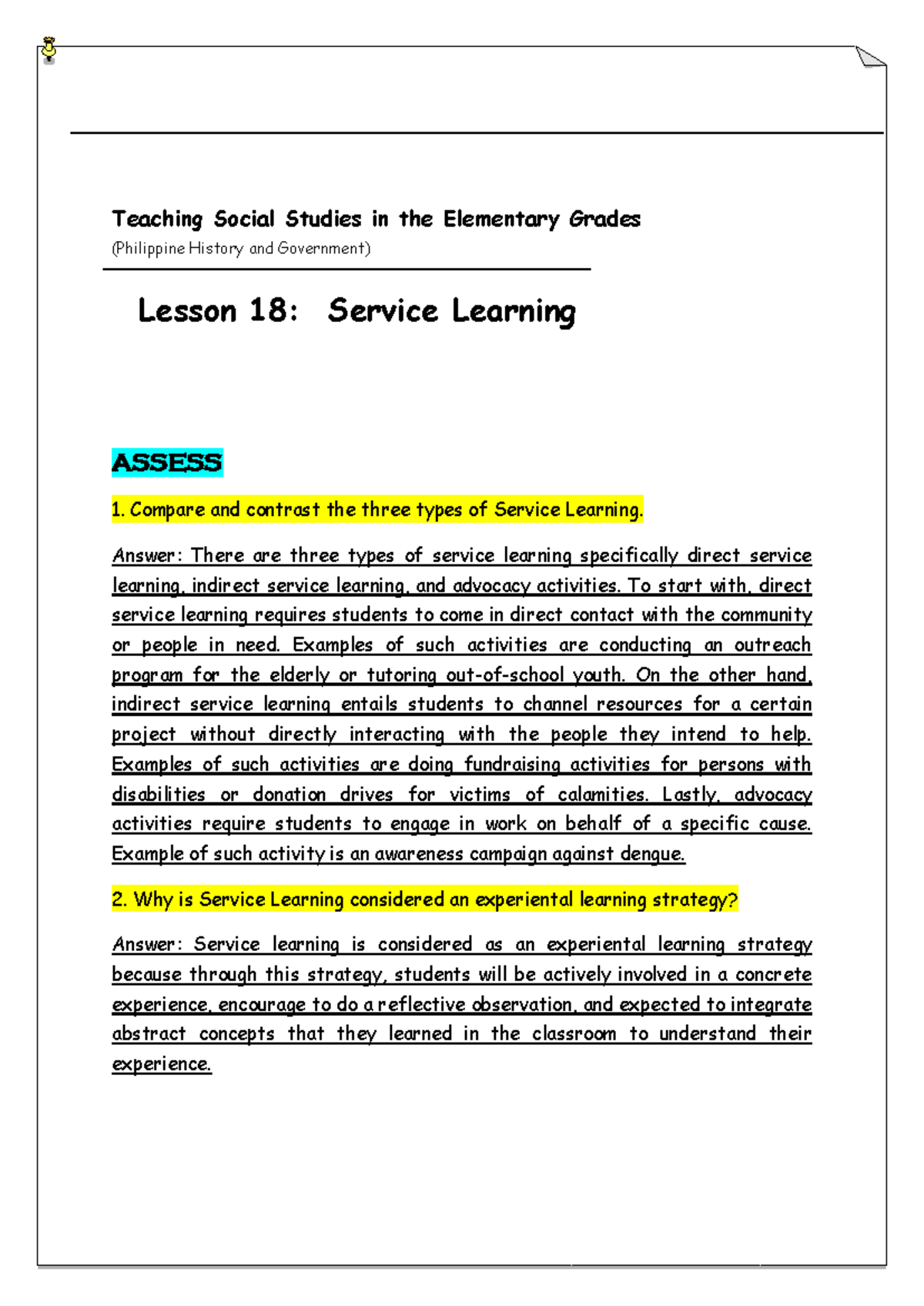 Lesson 18 (Social Studies): Exploring Service Learning Strategies - Studocu