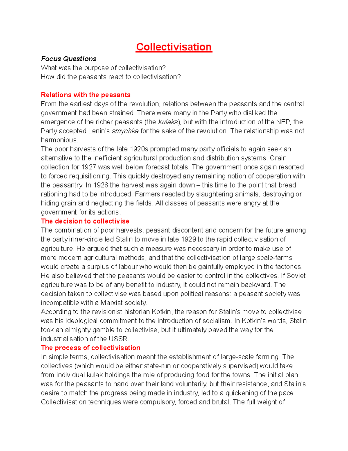 Collectivisation in the USSR: Key Focus Questions and Analysis - Studocu