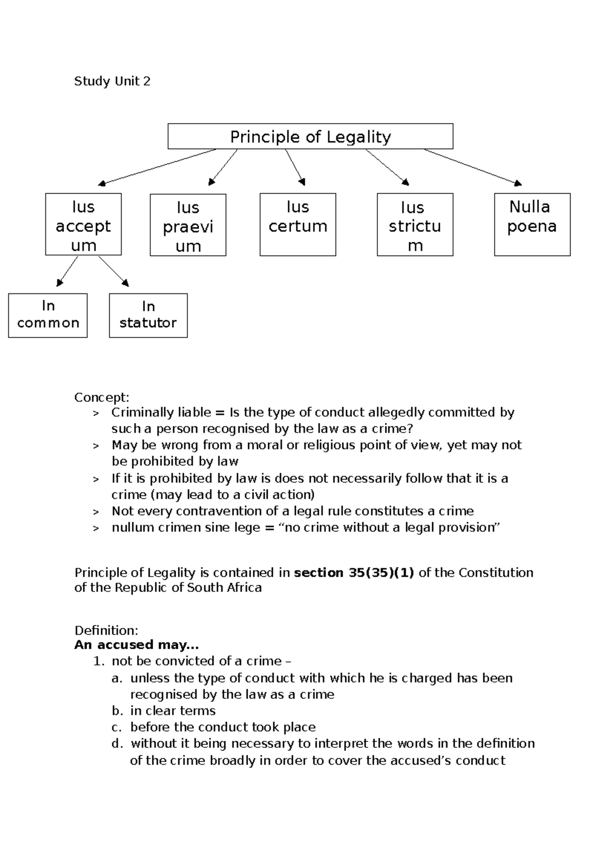 CRW2601 Study Unit 2: Principle of Legality in Criminal Law - Studocu