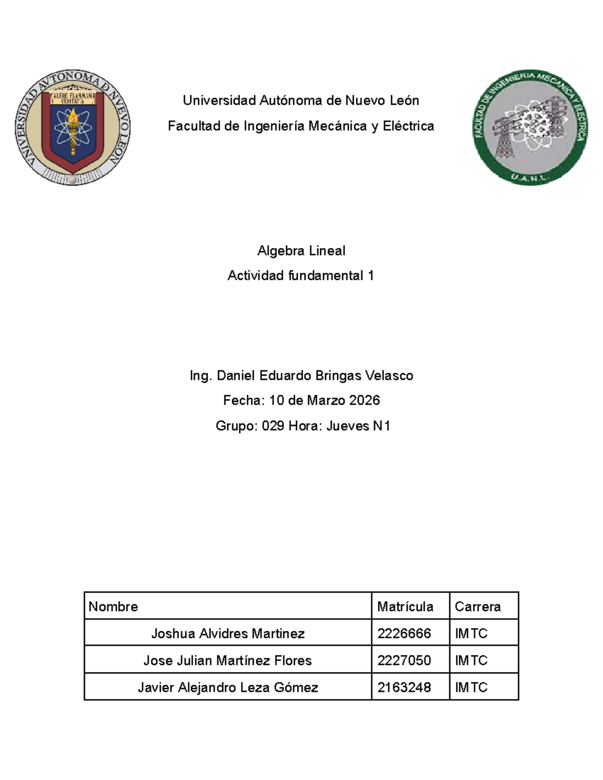 Actividad Fundamental 1 de Álgebra Lineal - UANL IMTC - Studocu