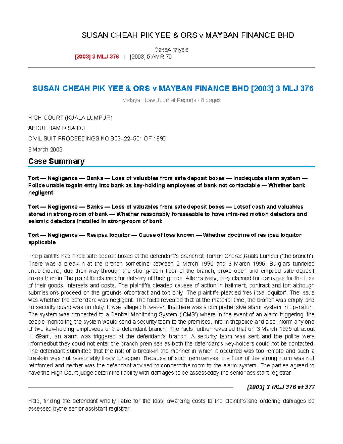 Case Analysis: Susan Cheah PIK YEE & ORS v Mayban Finance BHD [2003] 3 ...