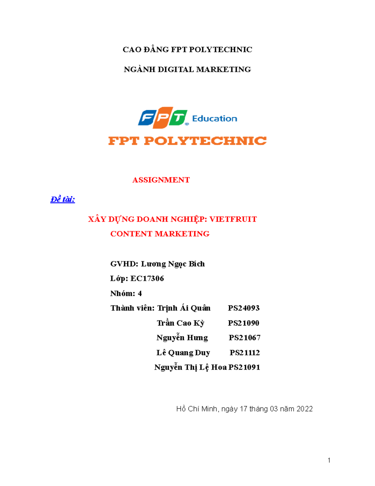 Nhóm 4 content Marketing - CAO ĐẲNG FPT POLYTECHNIC NGÀNH DIGITAL ...