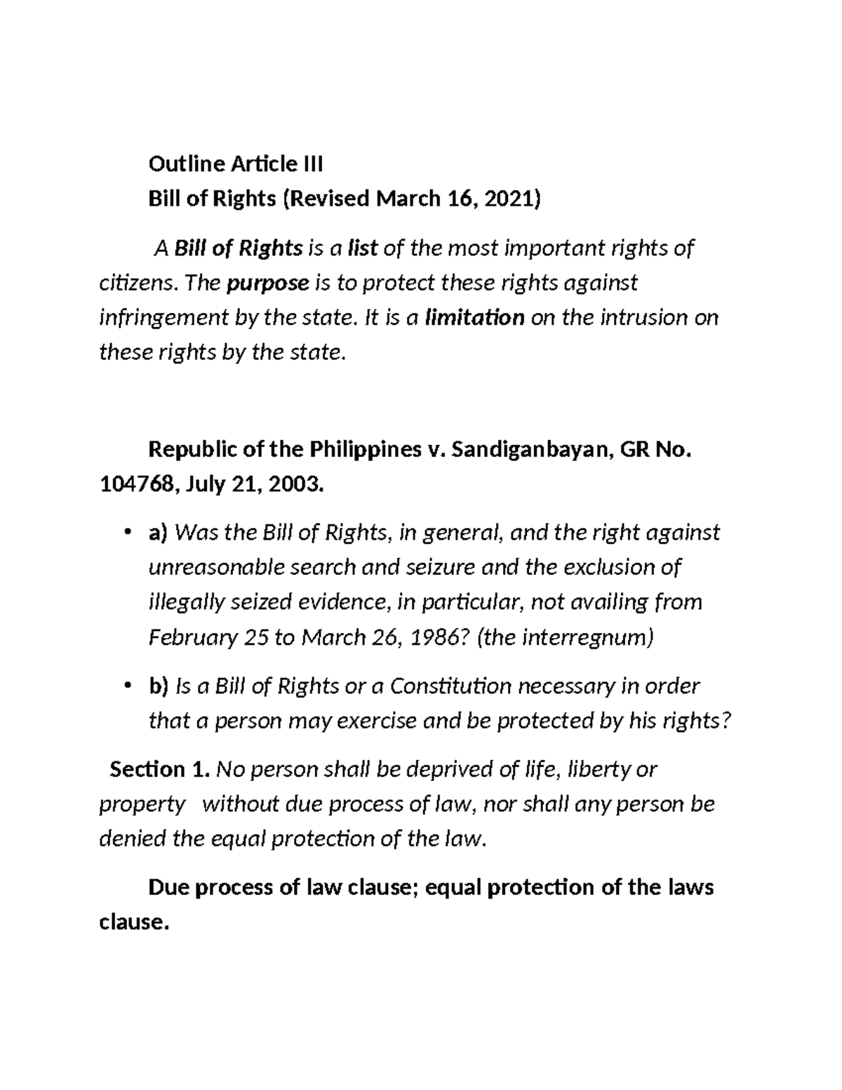 Outline 3: Bill of Rights Overview and Key Cases - Studocu