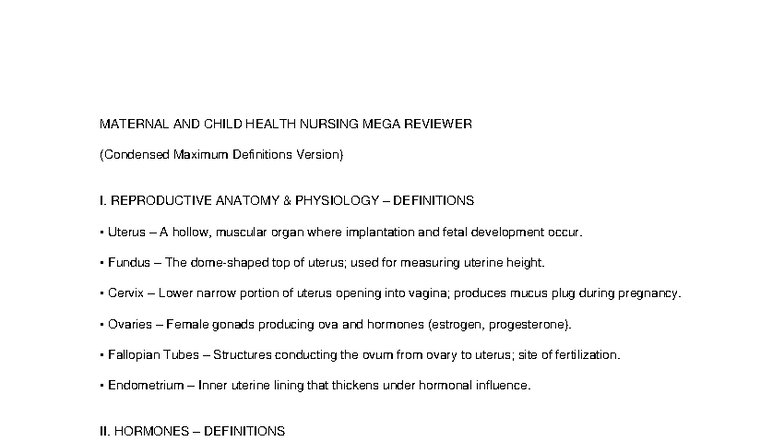 MCHN 101: Maternal and Child Health Nursing Mega Reviewer Definitions ...
