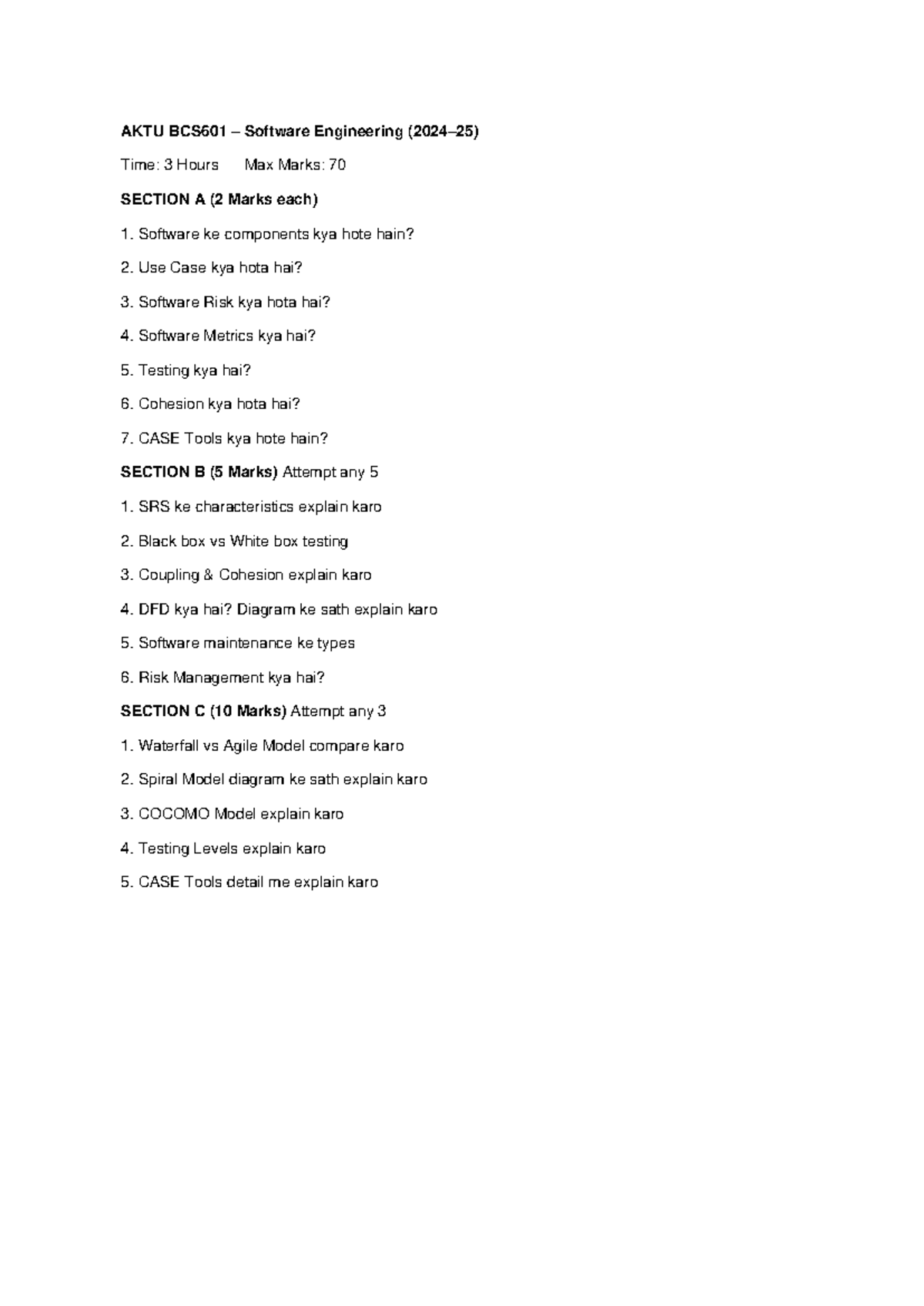 AKTU BCS601 2024 Software Engineering Exam Paper - Studocu