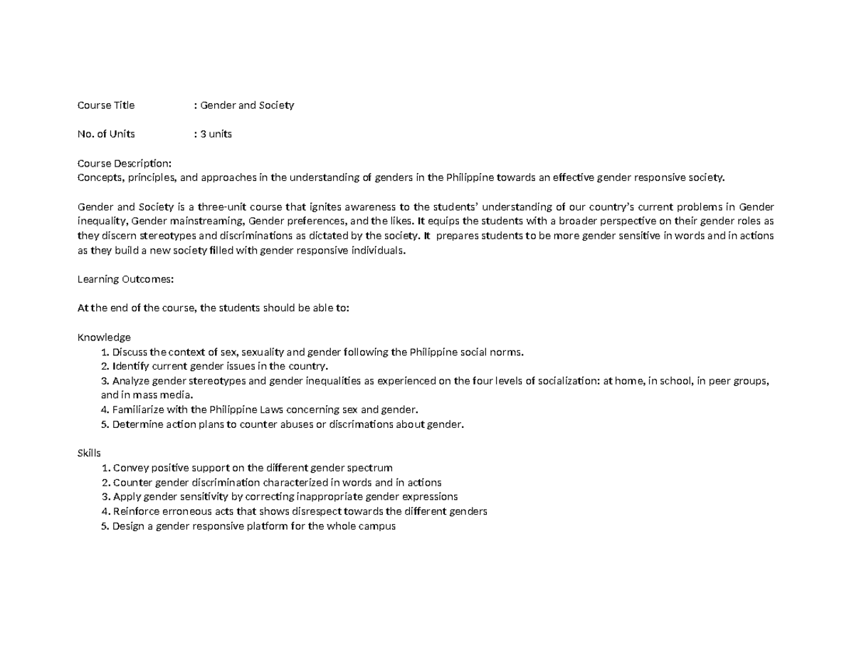 449556699 Gender and Society OBE Syllabus - Course Title : Gender and ...