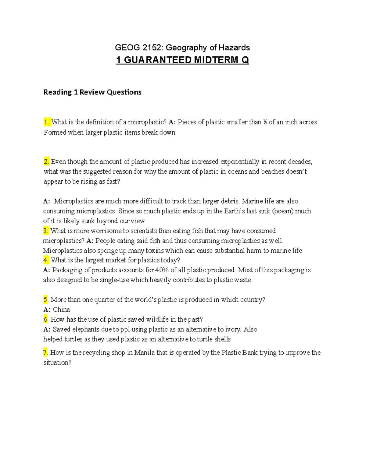GEOG 2152: Geography of Hazards Midterm Review Questions - Studocu