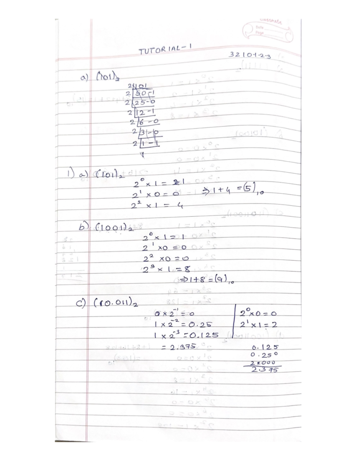 COA1 Assignment 1 - CLASSMATE Y Date Page TUTORIAL- I 3210123 a) (101 ...