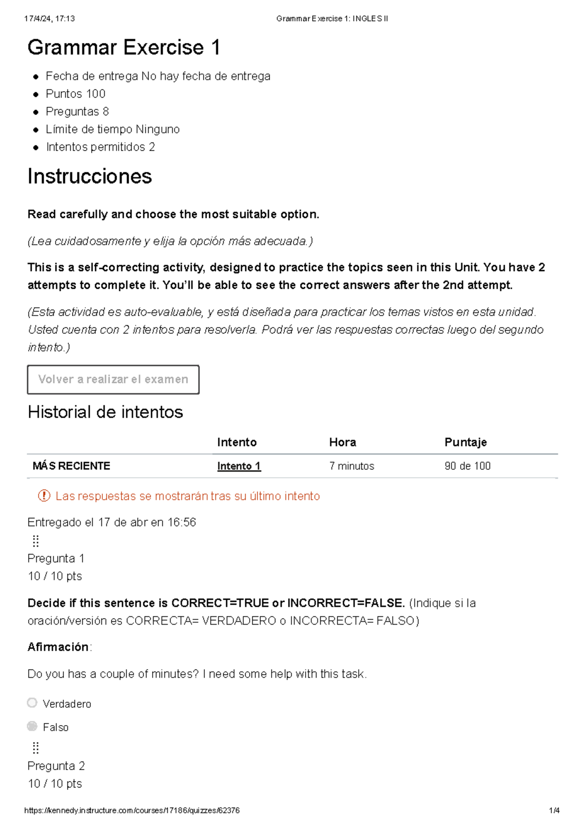 Ejercicio de Gramática 1 - Ingles II: Actividad Auto-evaluable - Studocu
