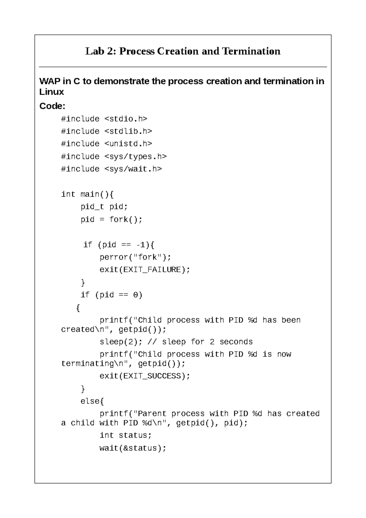 Lab 2 Onwards Operating System - Lab 2: Process Creation and ...
