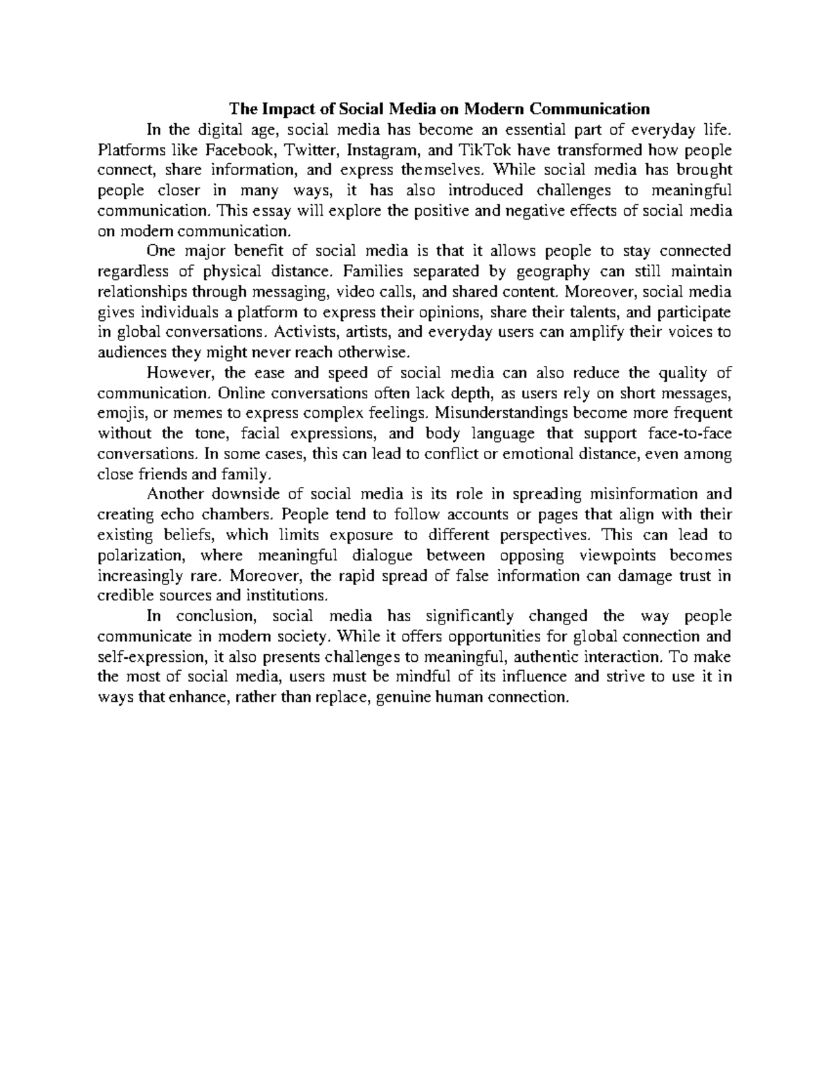 SOC-101 Essay: The Dual Effects of Social Media on Communication - Studocu