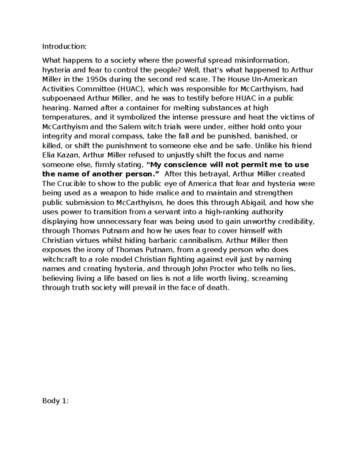 ENG 101: Essay on The Crucible - Fear, Hysteria, and Integrity - Studocu