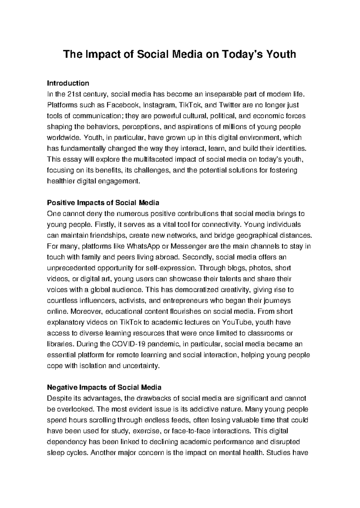 The Impact of Social Media on Youth: A Comprehensive Essay Analysis ...