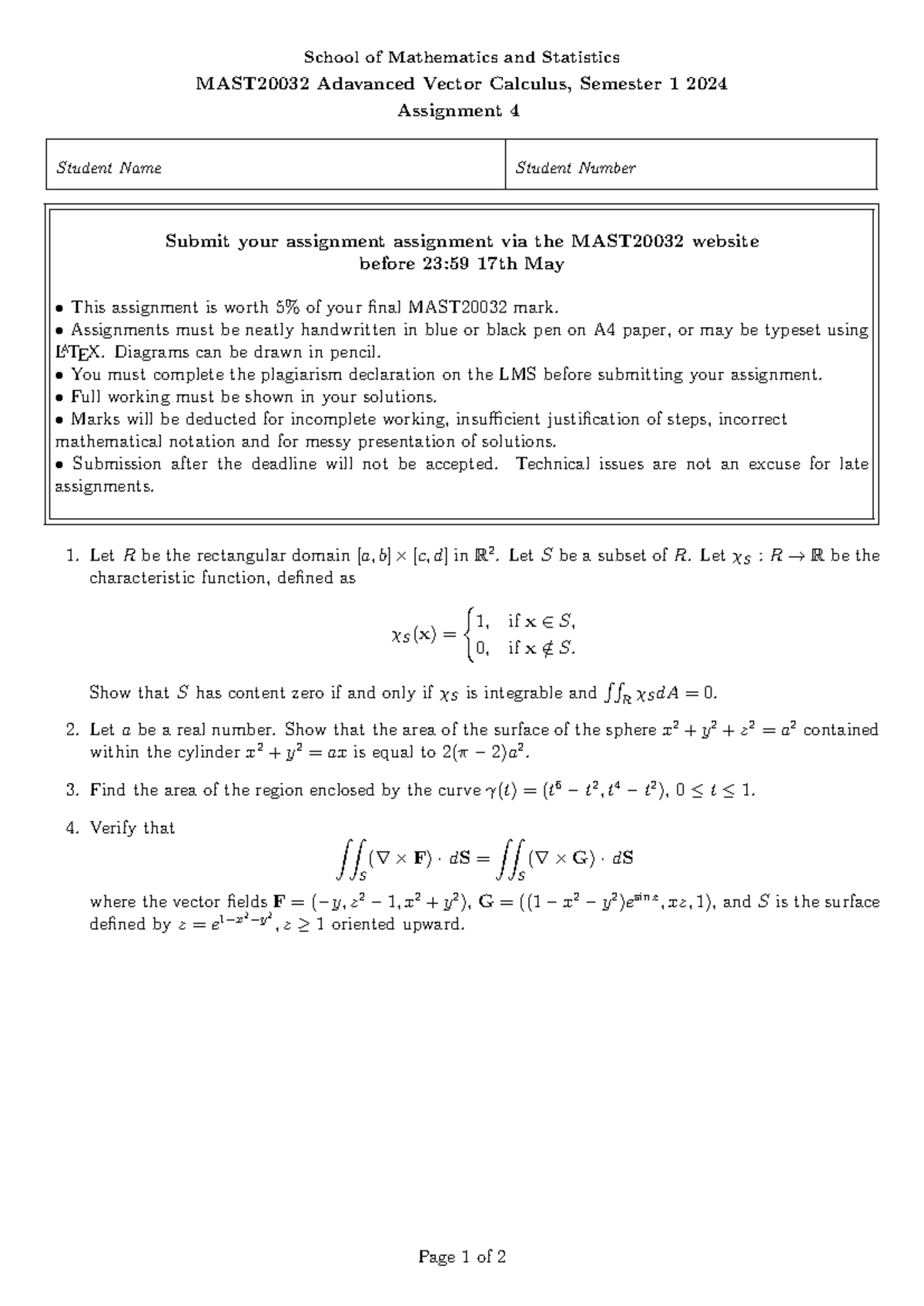 MAST20032 Assignment 4 - Advanced Vector Calculus Details - Studocu