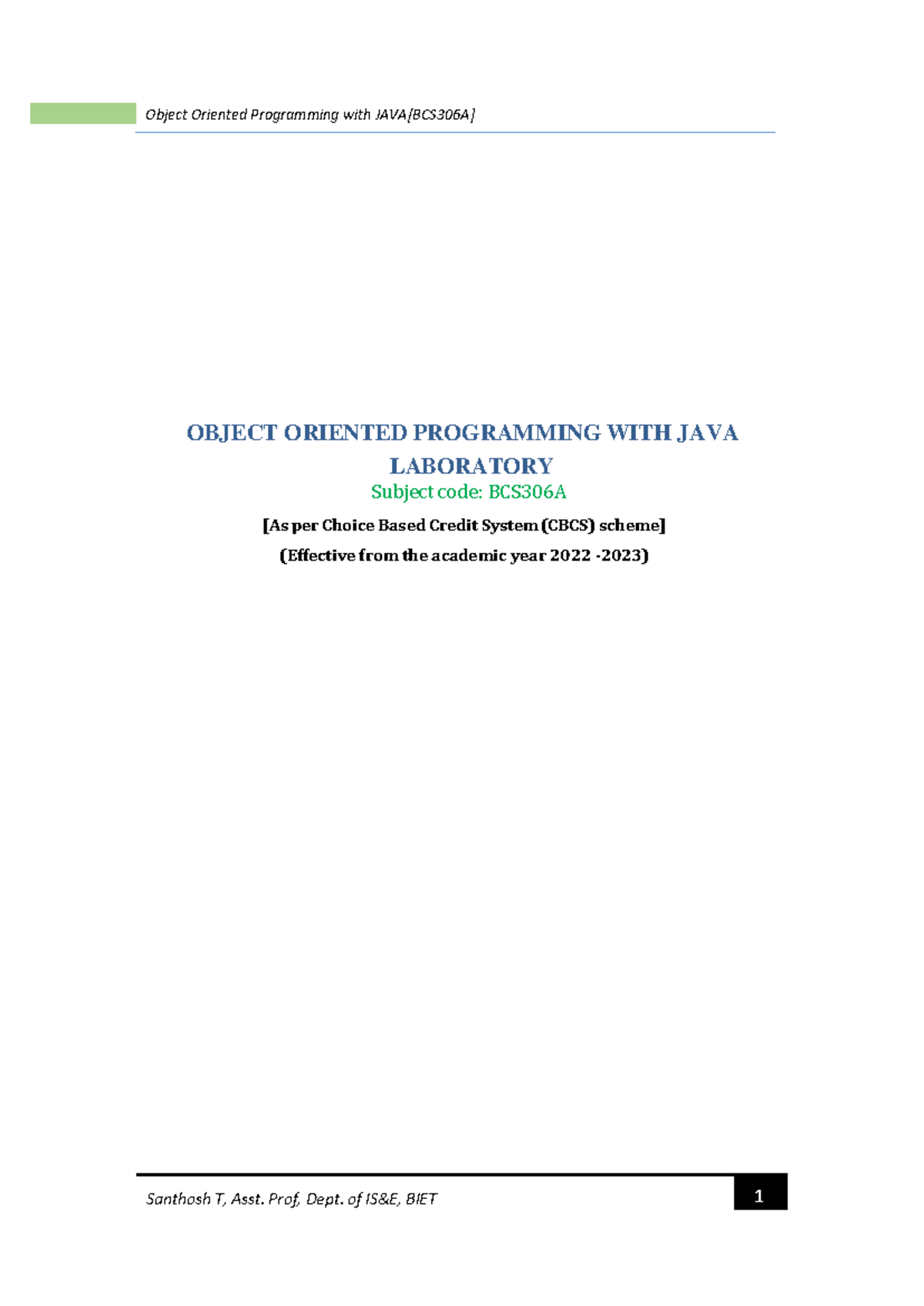 Object Oriented Programming with JAVA Laboratory - BCS306A Guide - Studocu