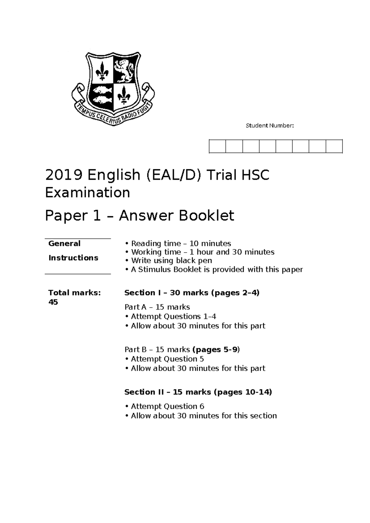 2019 ATESOL English Trial HSC Exam Paper 1 Answer Booklet - Studocu