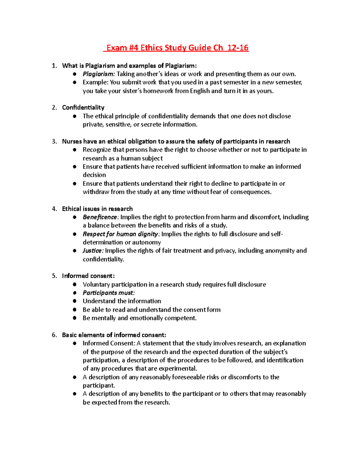 Exam #4 Ethics Study Guide: Key Concepts and Ethical Principles - Studocu