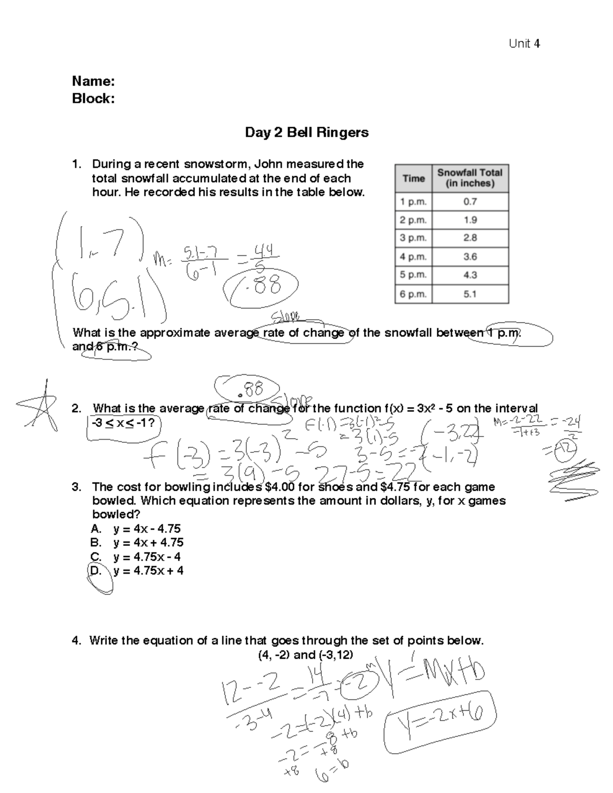 E94139 Unit 4: Day 2 Bell Ringers on Rates of Change & Equations - Studocu