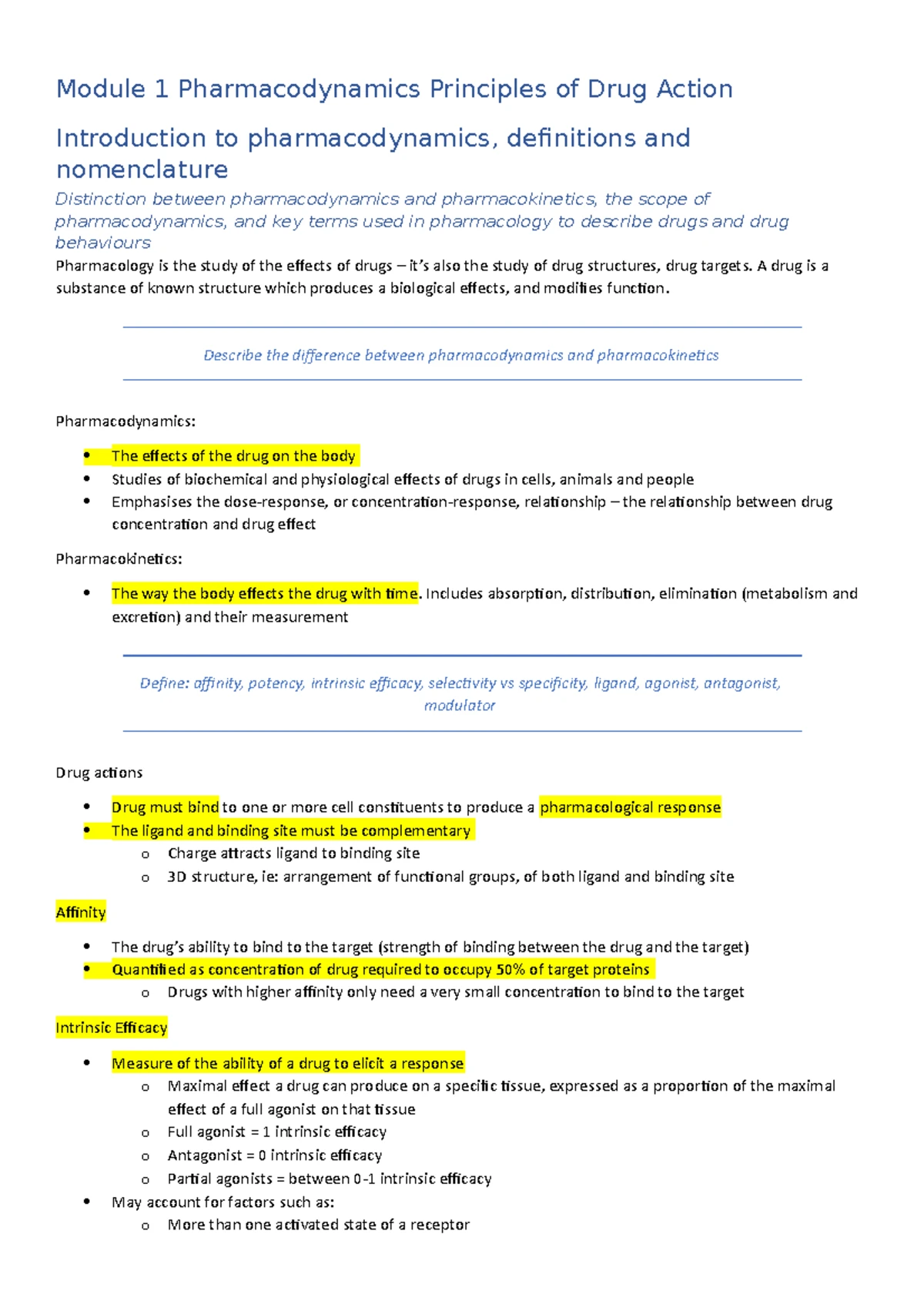 M1 note - Module 1 note - Module 1 – Principles of Drug Action ...