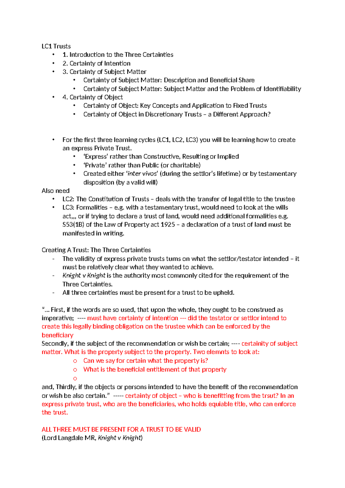 LC1 Trusts: Understanding the Three Certainties in Trust Law - Studocu