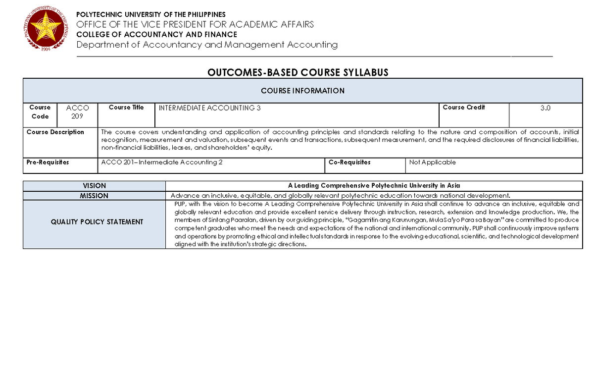 ACCO 209 - Intermediate Accounting 3 Course Syllabus - PUP - Document Preview
