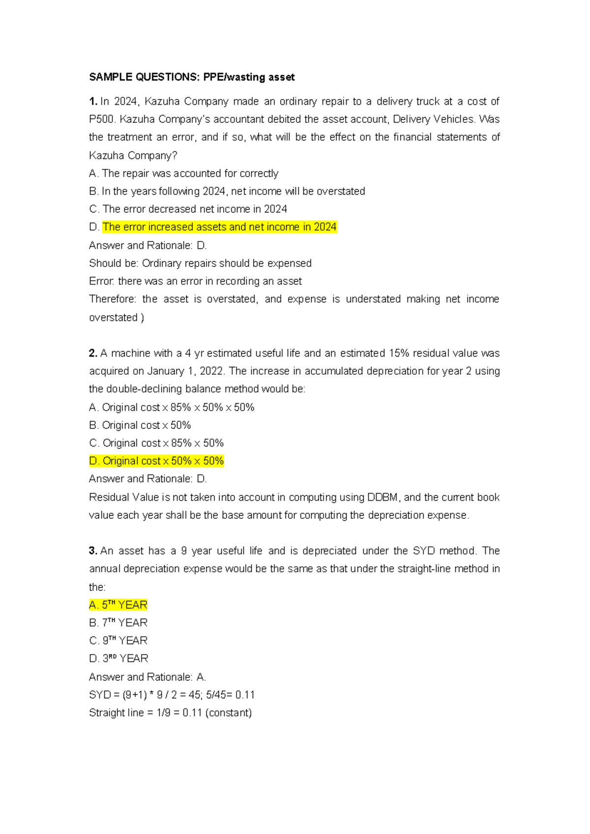 Sample Questions: Asset 1 - Accounting for Repairs and Depreciation ...