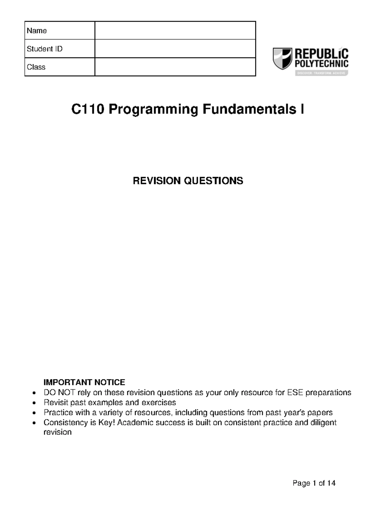 C110 AY2025 Semester 1 MOCK FA - Programming Fundamentals I Exam - Studocu