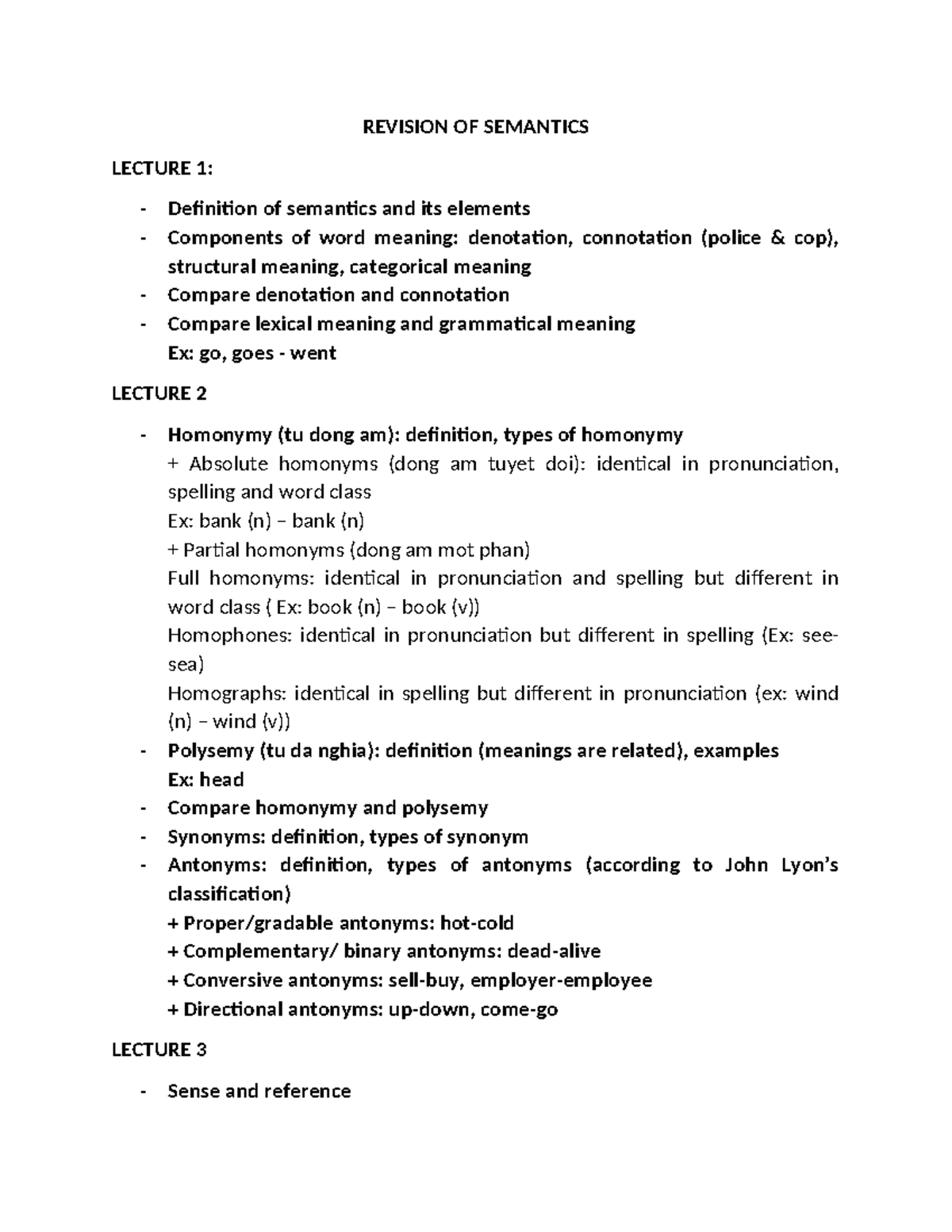 Revision of Semantics LECTURES 1-6: Key Concepts and Definitions - Studocu