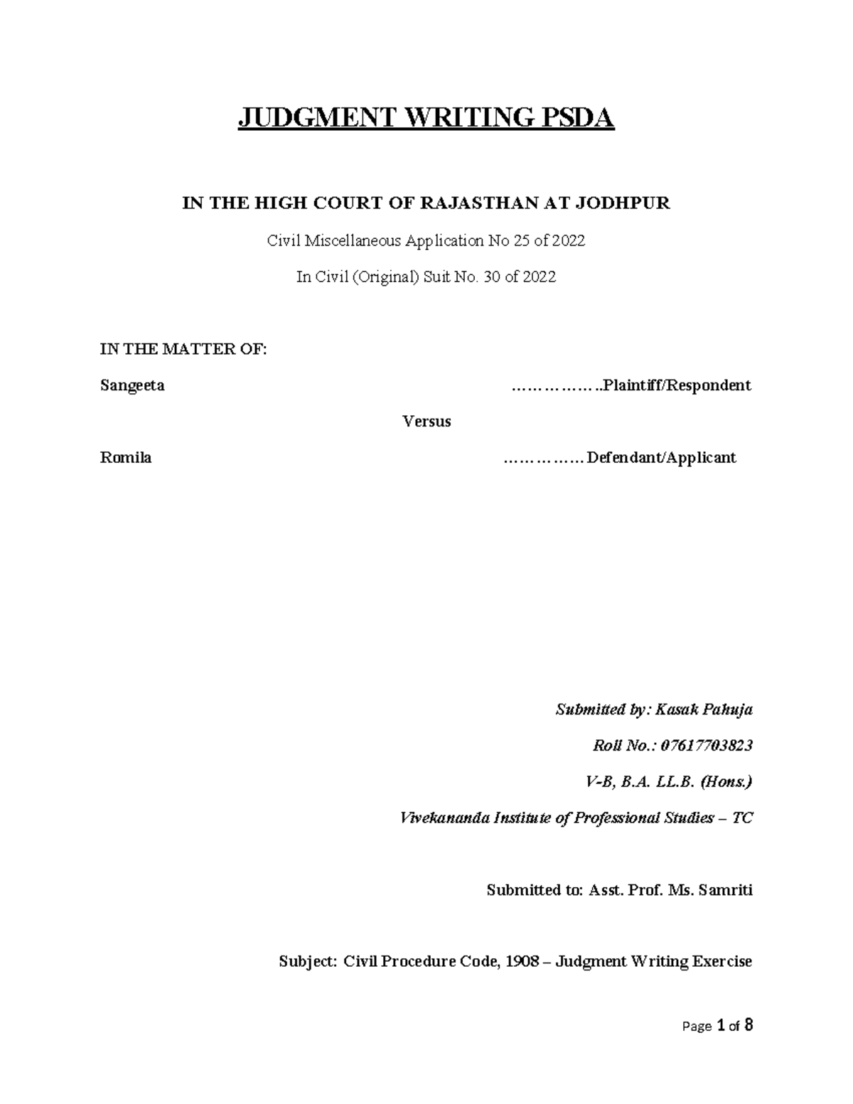 Judgment Writing Exercise: Civil Misc. App. No. 25/2022 in Rajasthan ...
