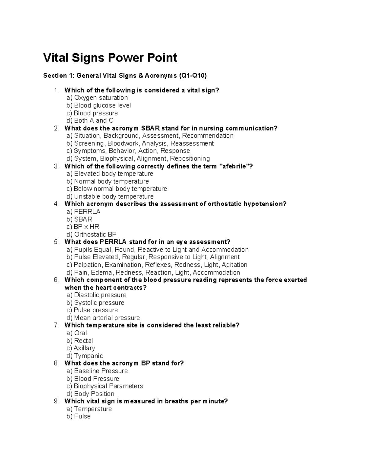 NUR 2090 Final Exam Review: Vital Signs & Pain Management Quiz - Studocu
