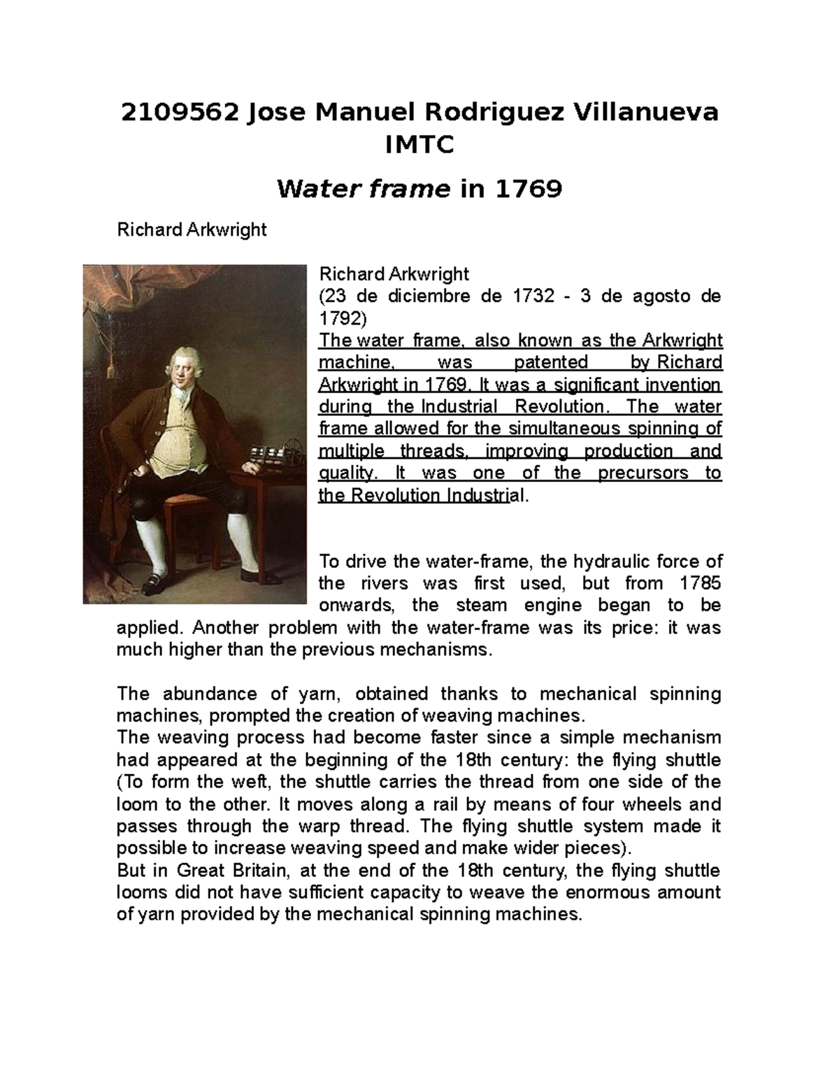 IMTC: Water Frame (1769) - Richard Arkwright's Impact on Textiles - Studocu